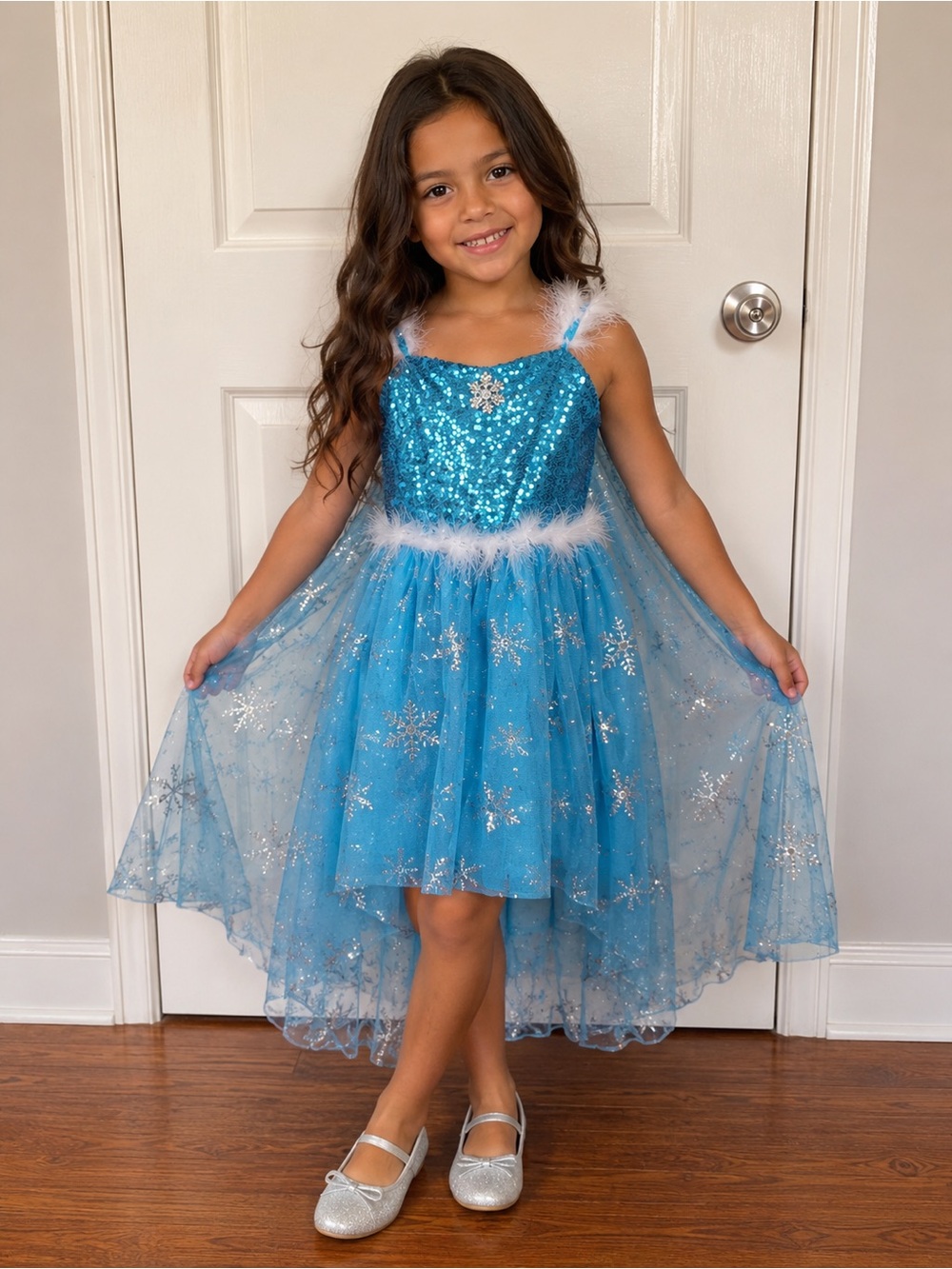Girls Elsa Frozen Costume Dress & Cape Set Blue Sparkle Princess Dress Up